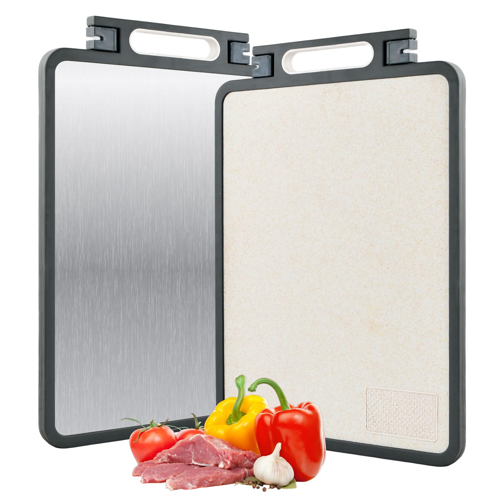 2 in 1 Tagliere Acciaio Inox Bifacciale, Tagliere da Cucina Professionale, Tagliere per la Cucina, Tagliere in Acciaio Inox Alimentare per Carne/Frutta/Verdura - 45 x 31 cm (A)