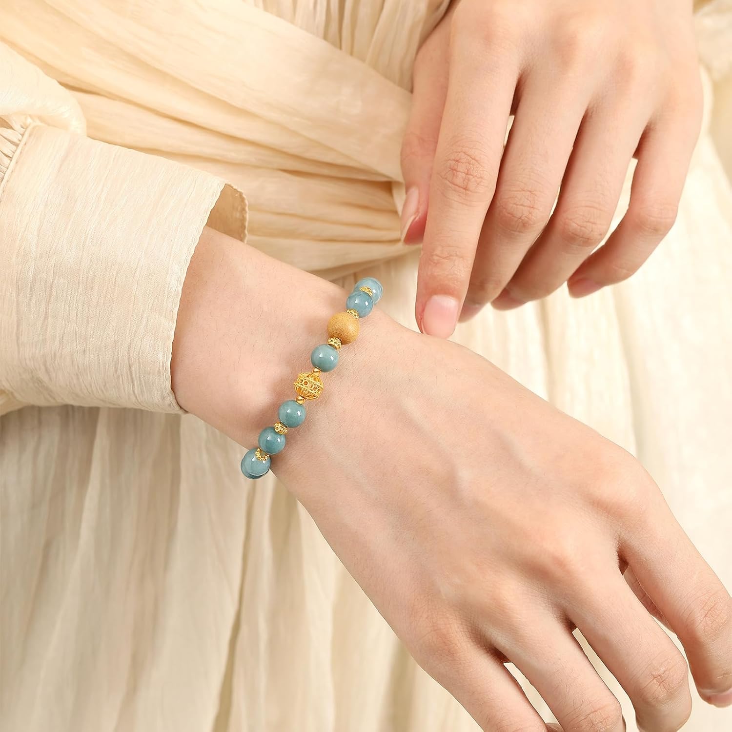 Jade Bracelet for Women, Natural Blue Green Real Jadeite Handmade Beaded Bracelets,Prosperity Good Luck Feng Shui 14K Gold Jade Bangle Jewelry,Suitable for Christmas,Mother, Valentine's