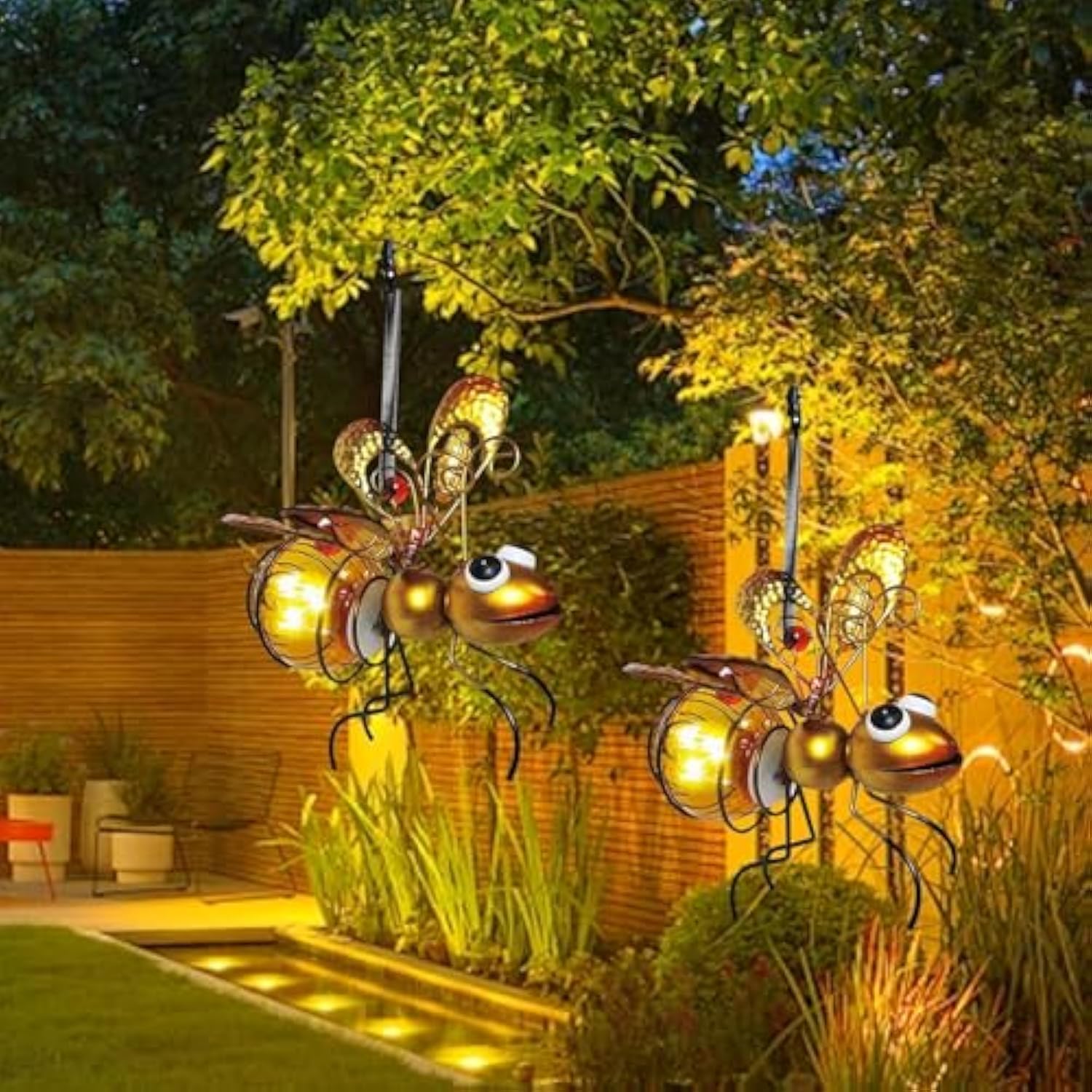 Bomkra 2Pack Yellow-A Bee Solar Lights Outdoor Garden Hanging Metal Bees Lanterns Novelty Bugs Ornament With Bouncy Springs, Solar Fairy Garden Lights For Decorations Balcony