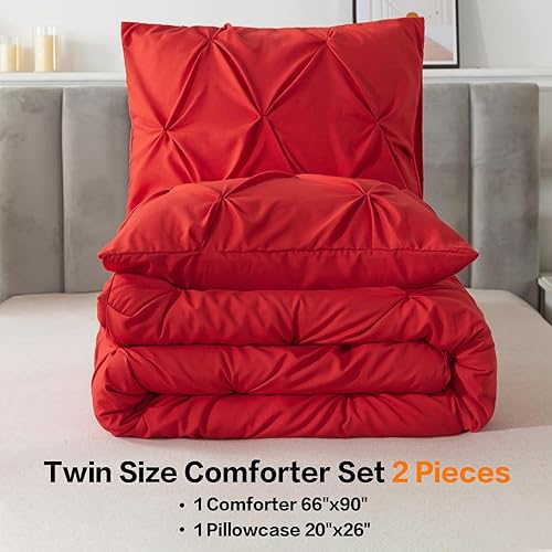 Miniatura 2 de Andency Juego de edredón rojo tamaño individual (66 x 90 pulgadas), 2 piezas (1 edredón de pintuck y 1 funda de almohada), juego de edredón plisado