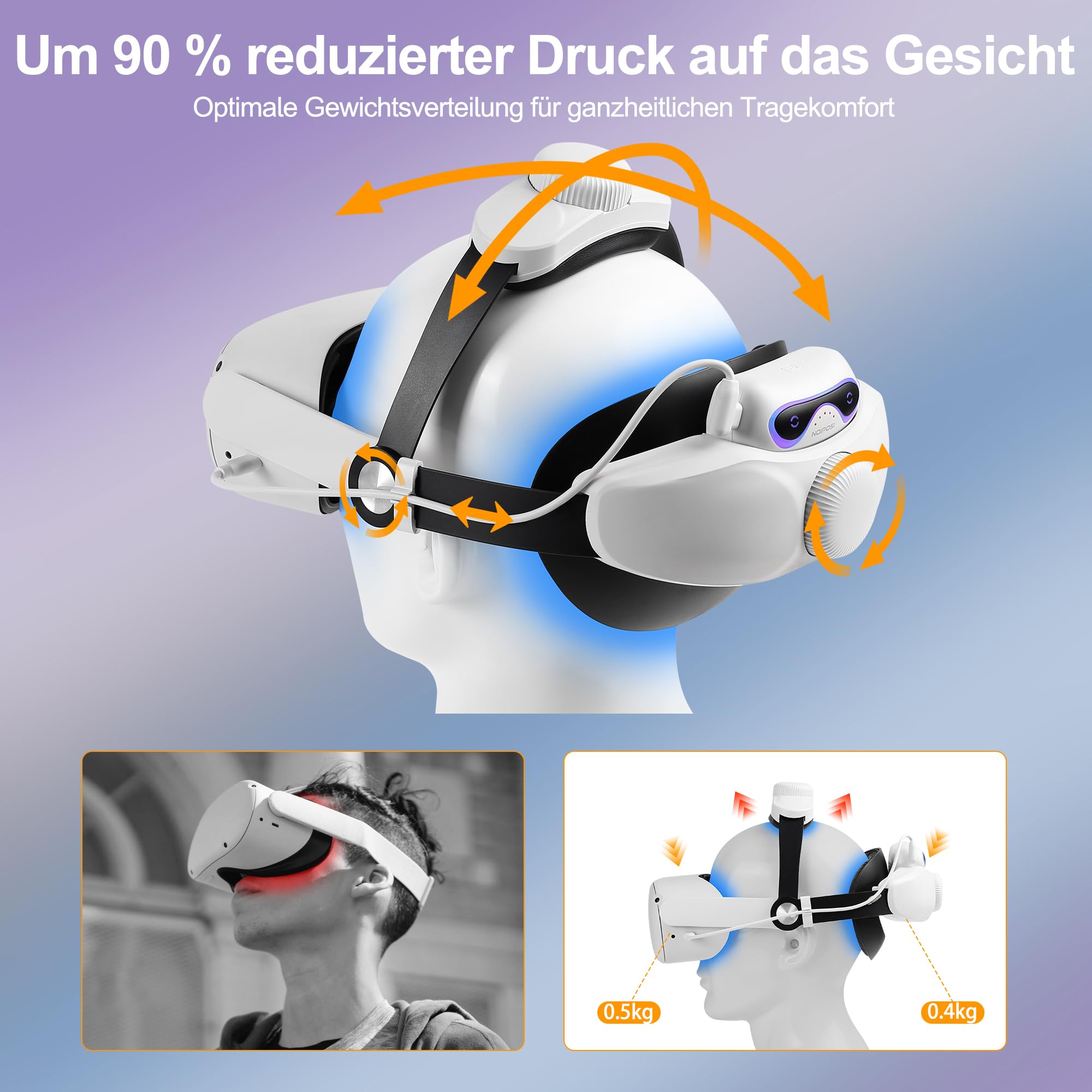 Noiposi Sangle de casque avec batterie de 10 000 mAh pour Meta Quest 3s/3/Quest 2, double bouton Elite Strap de rechange, bande d'accessoires pour casque VR Support et confort améliorés et pression