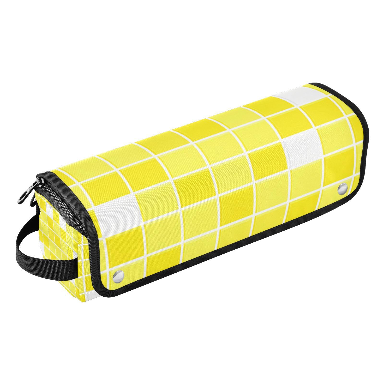 Yellow Checkered Hair Tools Travel Bag Portable Hair Accessory Organizer with Heat Resistant Mat 2 in 1 Curling