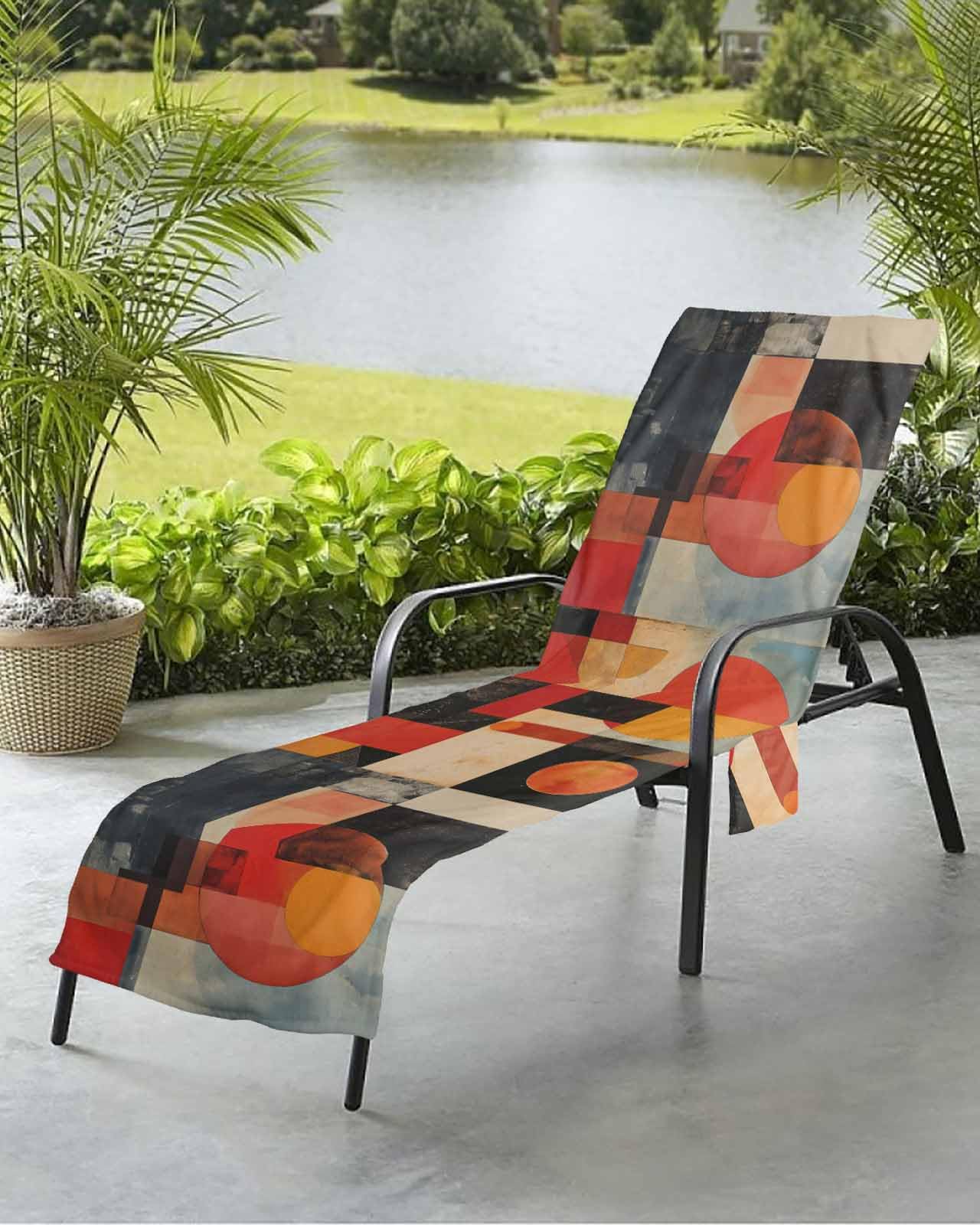 Abstract Orange Beach Chair Towel Covers for Chaise Lounge with Side Pocket, Soft Plush Pool Towels Cover for Patio Sunbathing Outdoor Shabby Chic Geometric Circle Red Black 29''x85''