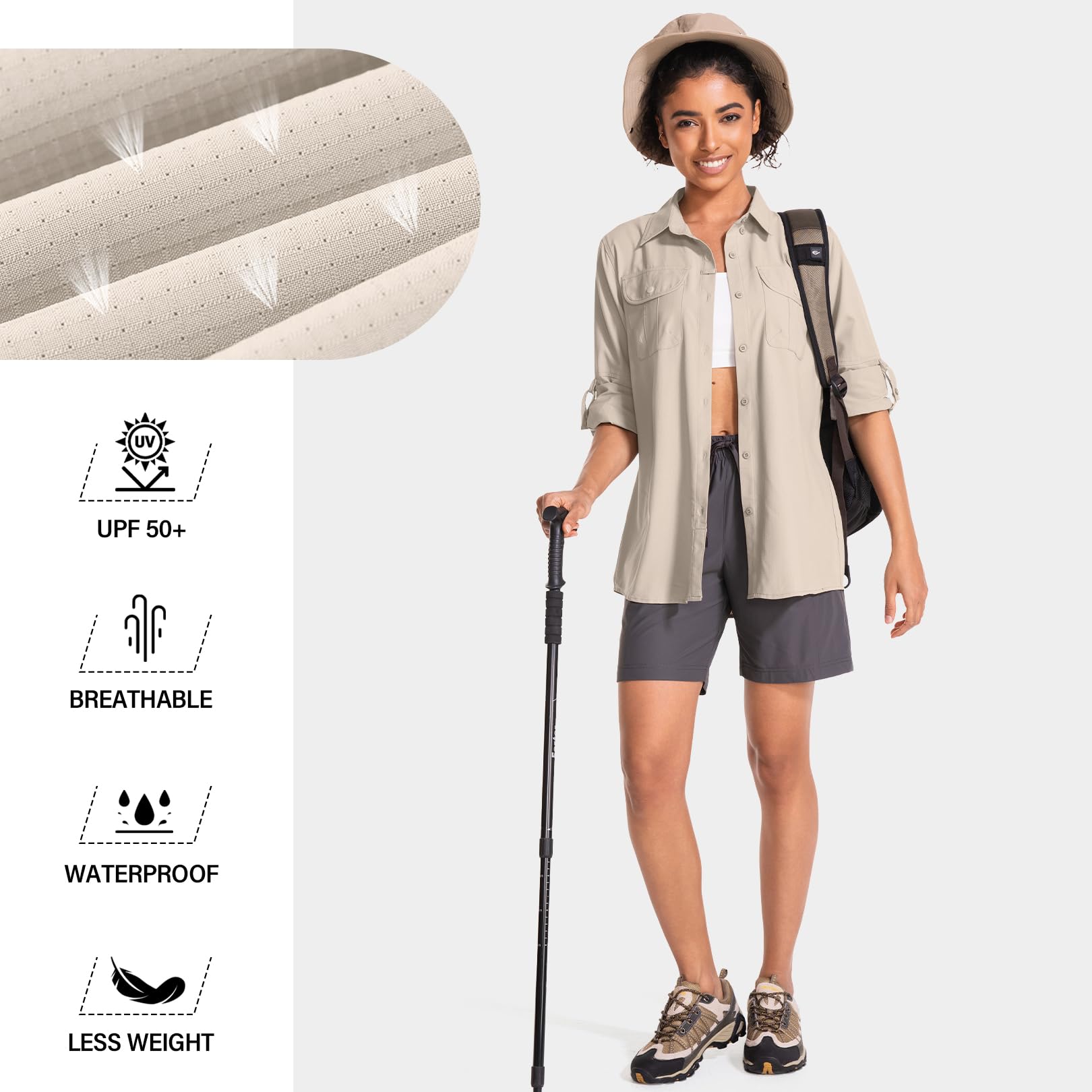 Langärmeliges Sonnenshirt für Damen, LSF 50, Safari, Wandern, Angeln, schnelles Selbermachen, UV-Schutz, Knopfleiste, Reise-Shirt für Gartenarbeit