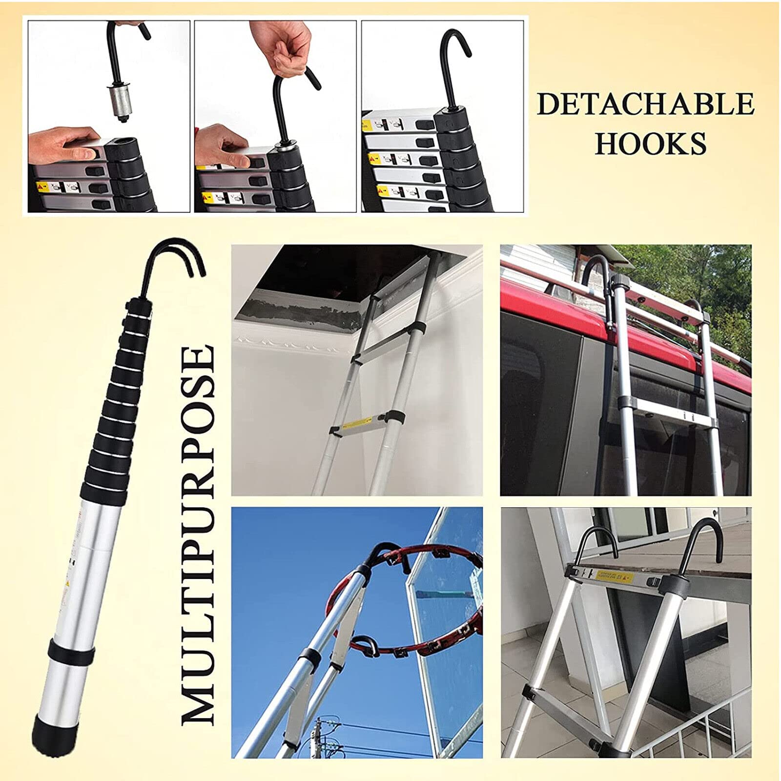 Escalera telescópica extensible plegable de 150 kg, capacidad de carga de 4,4 m, escalera de acero inoxidable con kit de gancho de techo