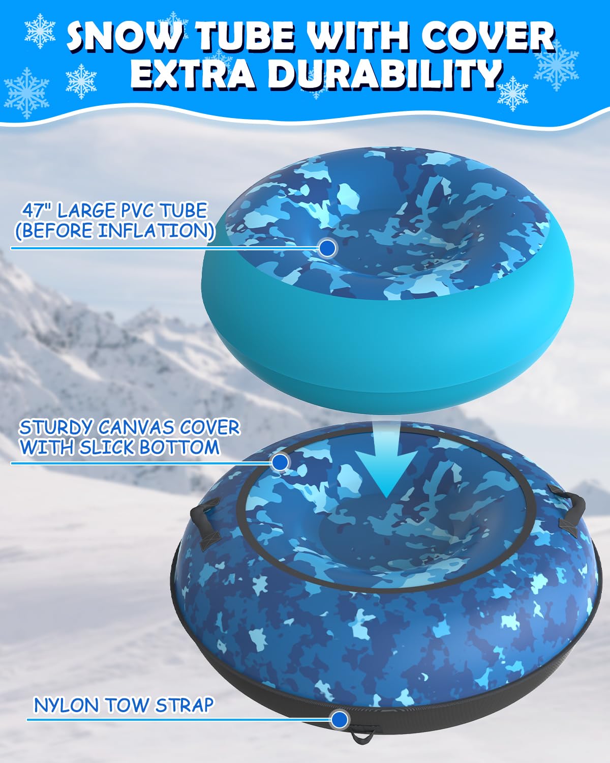 CALO 34 Heavy Duty Snow Tube Sled For Kids And Adults - Big Inflatable Snow Tube For Outdoor Sledding For Boys Girls Red And Blue