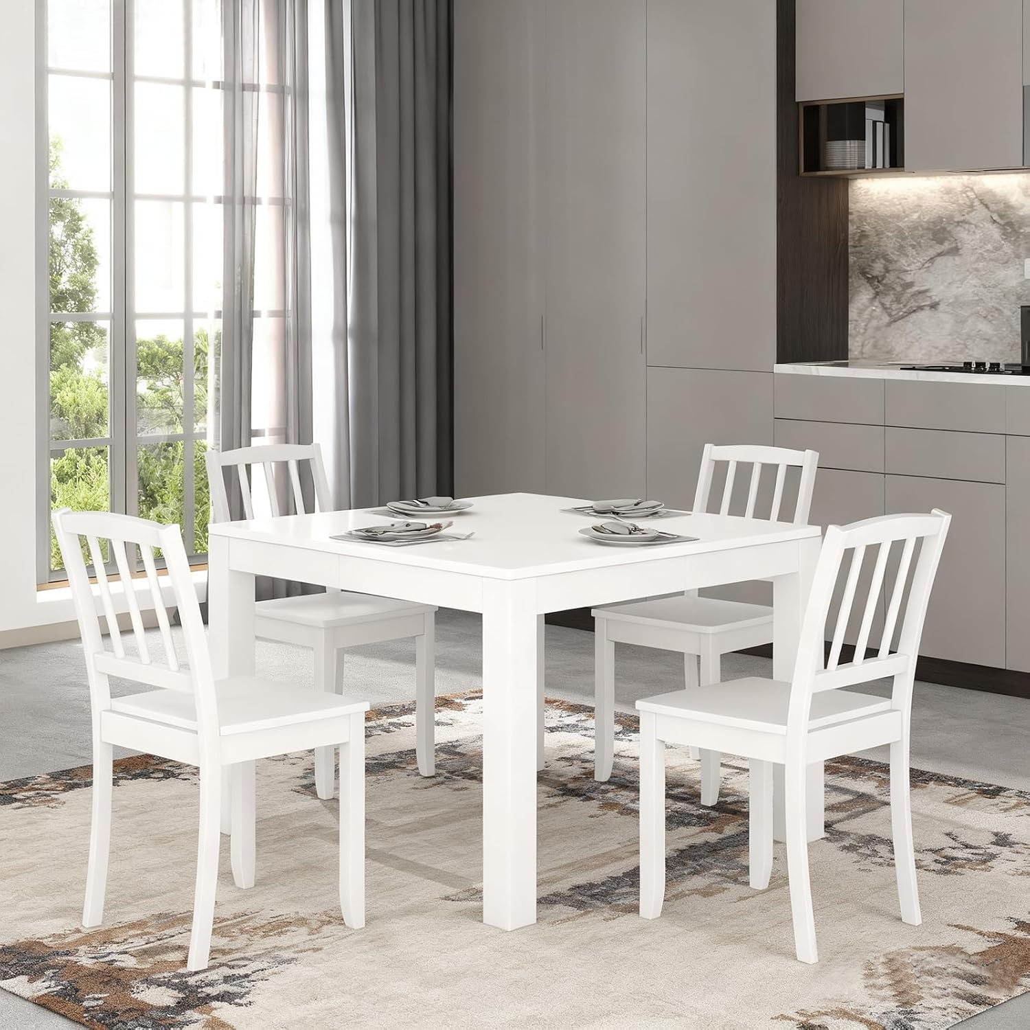 POWERSTONE Dining Chairs Set of 2, Wooden Farmhouse Kitchen Chairs with Curved Back and Solid Rubber Wood Legs, Modern Side Chair 400 LBS for Dining Room, Kitchen White