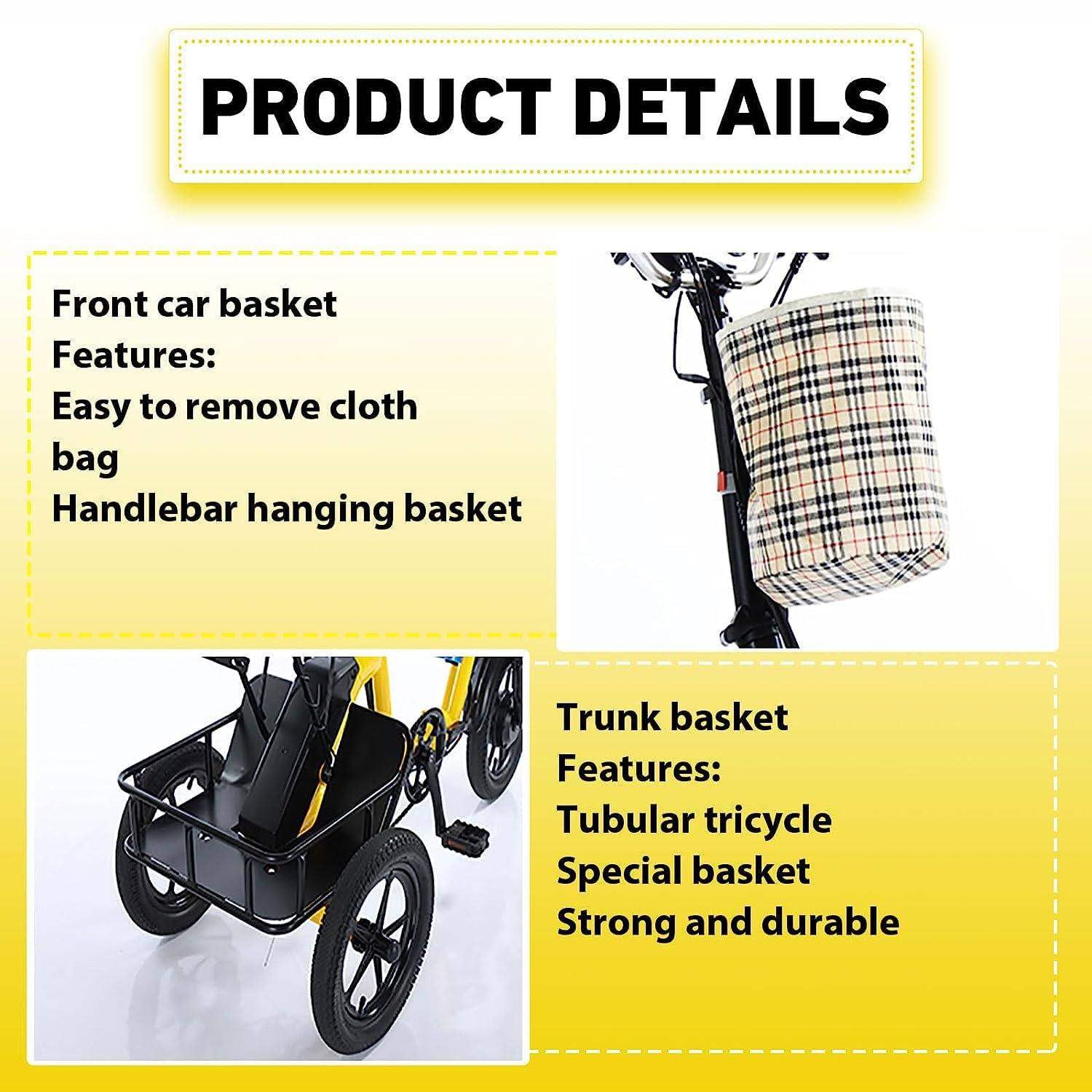 Triciclo elettrico per adulti, robusto, pieghevole, a 3 ruote con sedile passeggero, ampio cestino, capacità di carico di 180 kg, ideale per la spesa e i viaggi.