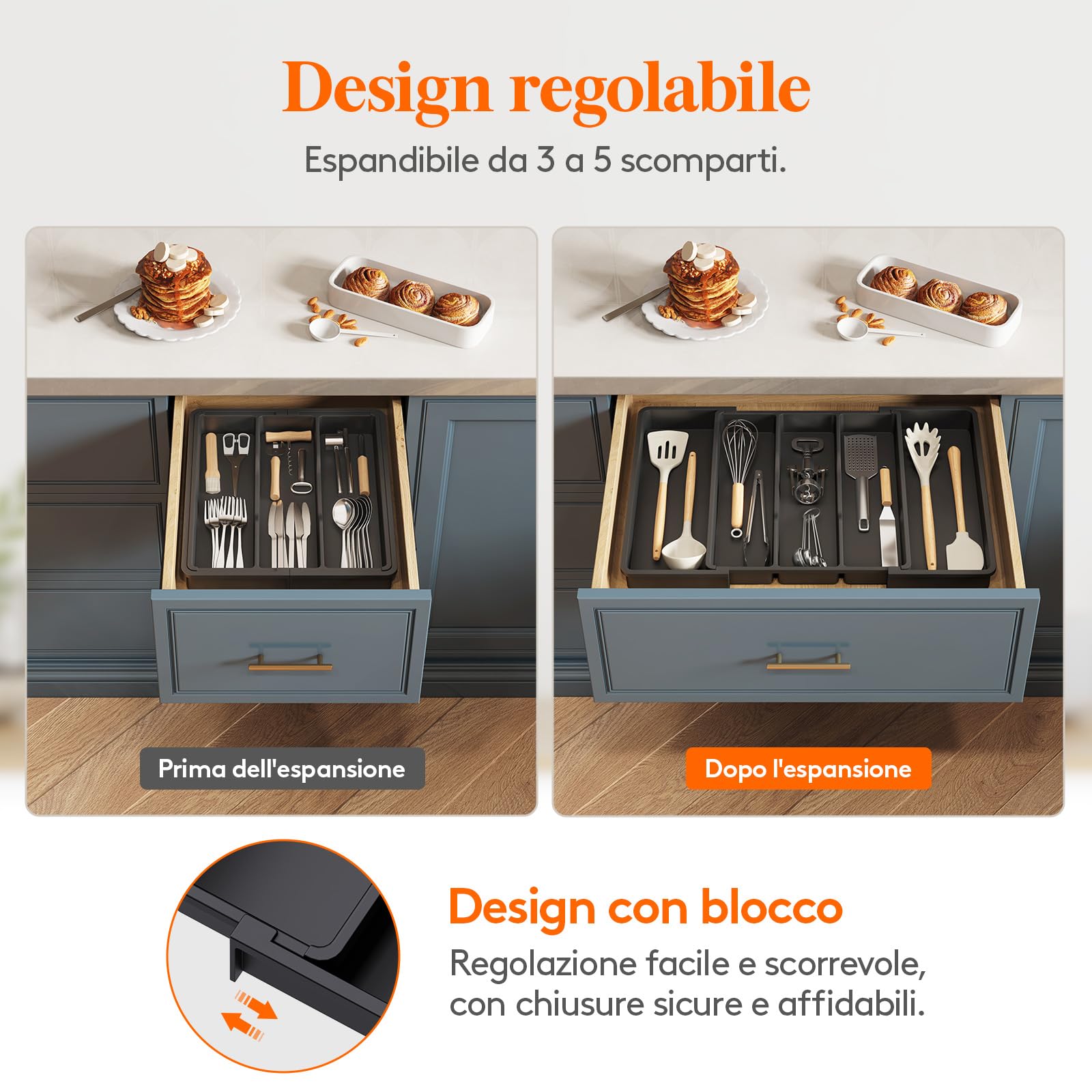 Lifewit Portaposate da Cassetto, Organizer Utensili da Cucina, Porta Posate Regolabile in Plastica, per Utensili e Accessori, Profondità 38 cm, Espandibile fino a 57 cm, Pacchi 1, Nero