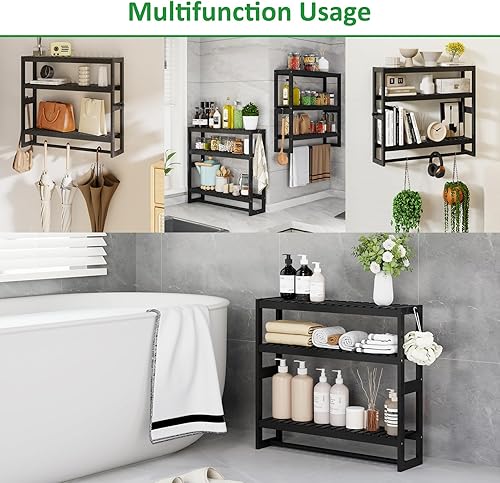 Miniatura 6 de RRX Organizador de almacenamiento de estante de baño, estante de baño, organizador de bambú de 3 niveles ajustable con barra, colgante, estante