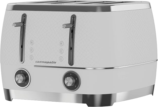 BEKO Cosmopolis Toaster TAM8402CR, Retro White Chrome Teal Design, Extra Wide Slot 4-Slice Toaster, Includes Defrost, Reheat and Cancel Functions