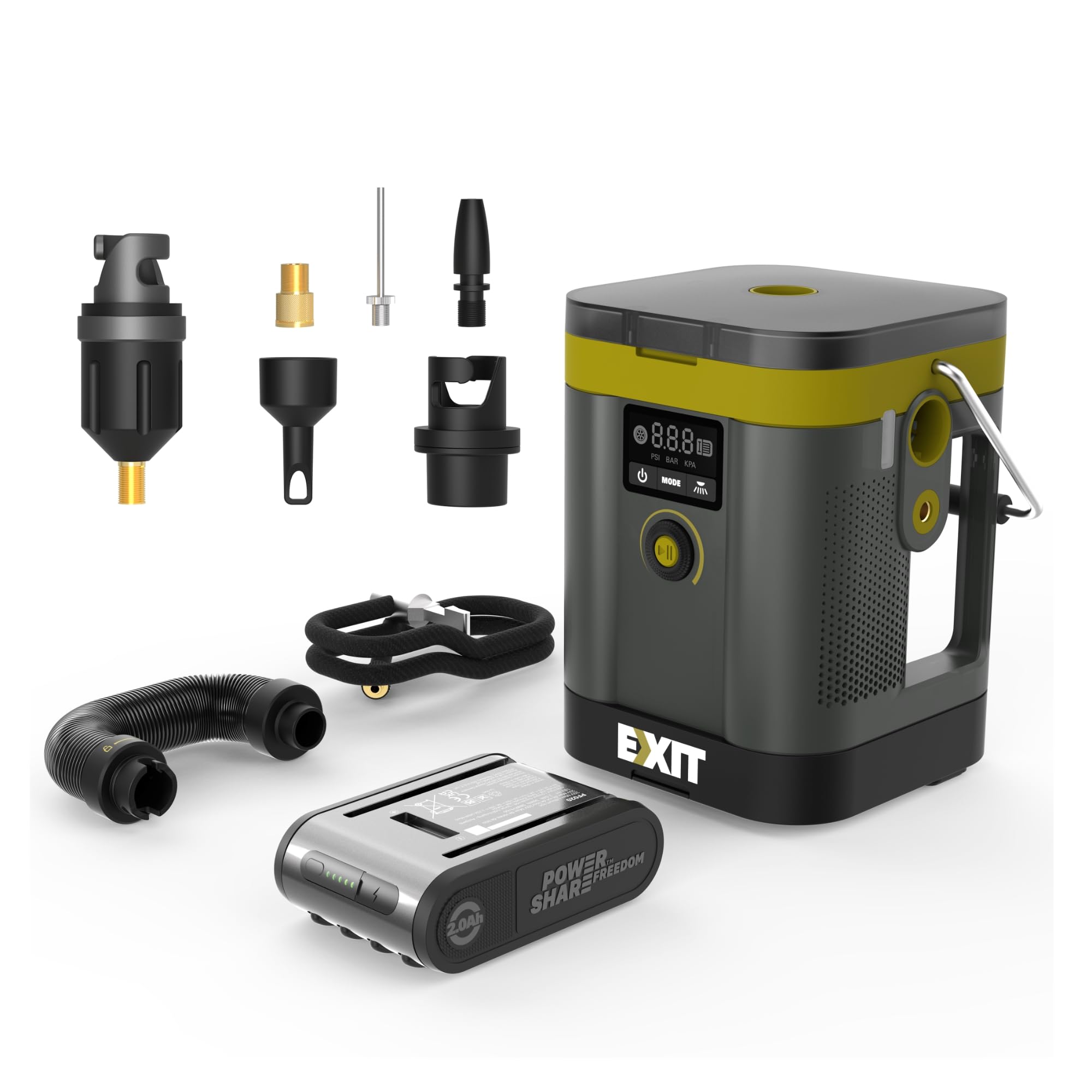 EXIT 20V elektrische Luftpumpe, 150 PSI Reifeninflator für Autoreifen, Akku | Elektrische Luftpumpe mit entlüftungsfunktion, LED-Licht, digitalem Druckmesser, Fahrradpumpe, Sportbälle, SUP Pumpe