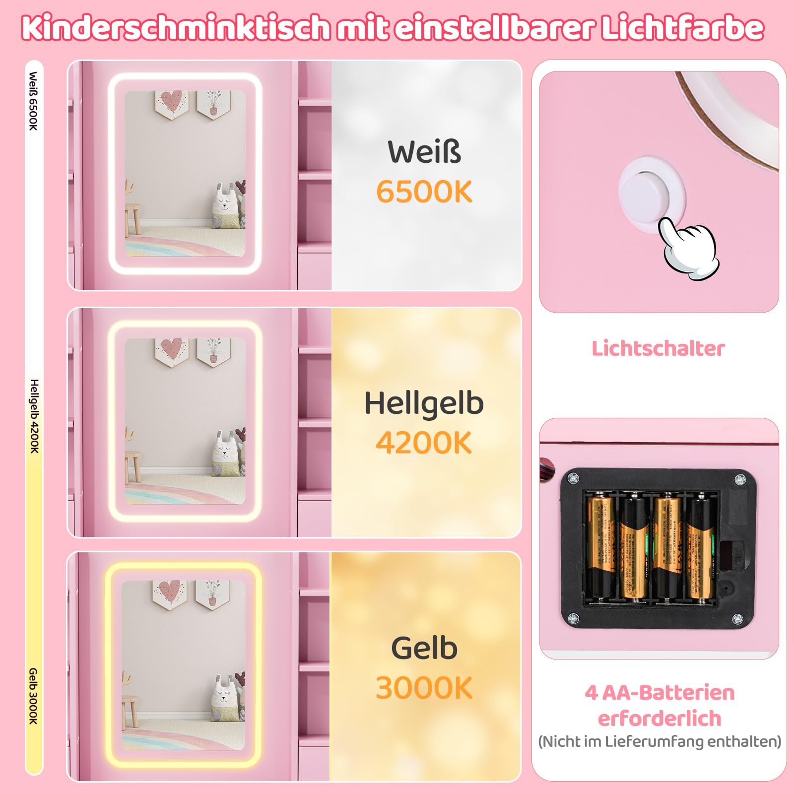 MAMIZO Schminktisch Kinder mit LED Beleuchtung, Kinderschminktisch mit Spiegel, Schreibtisch mit Hocker, 5 Schubladen und 10 Fächer, Prinzessin Frisiertisch, Schminktisch Mädchen ab 3, Rosa