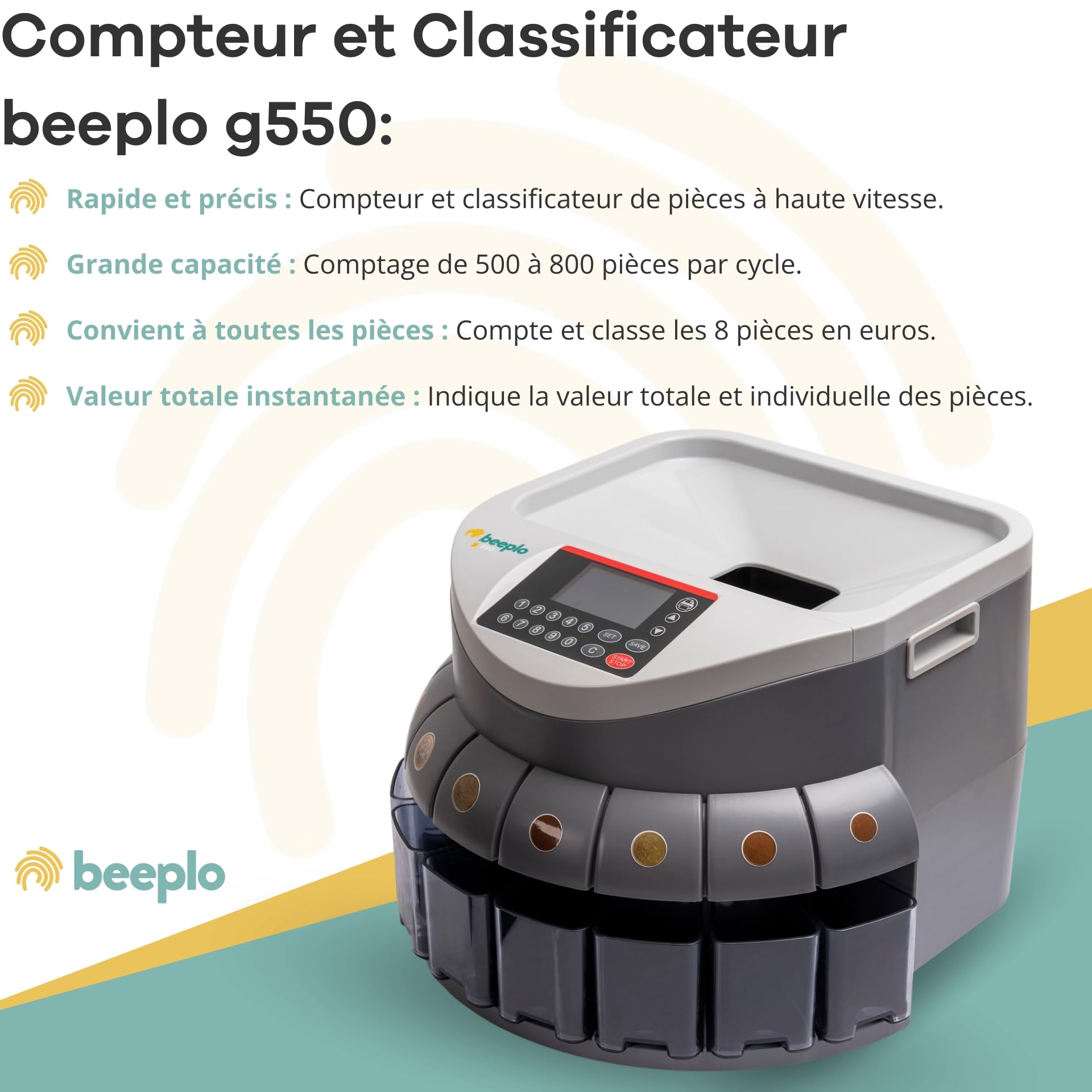 g-550 | Compteur de pièces en euros | Jusqu'à 800 pièces par cycle | Indique la valeur totale et par pièce | Précision Totale | Garantie 4 ans