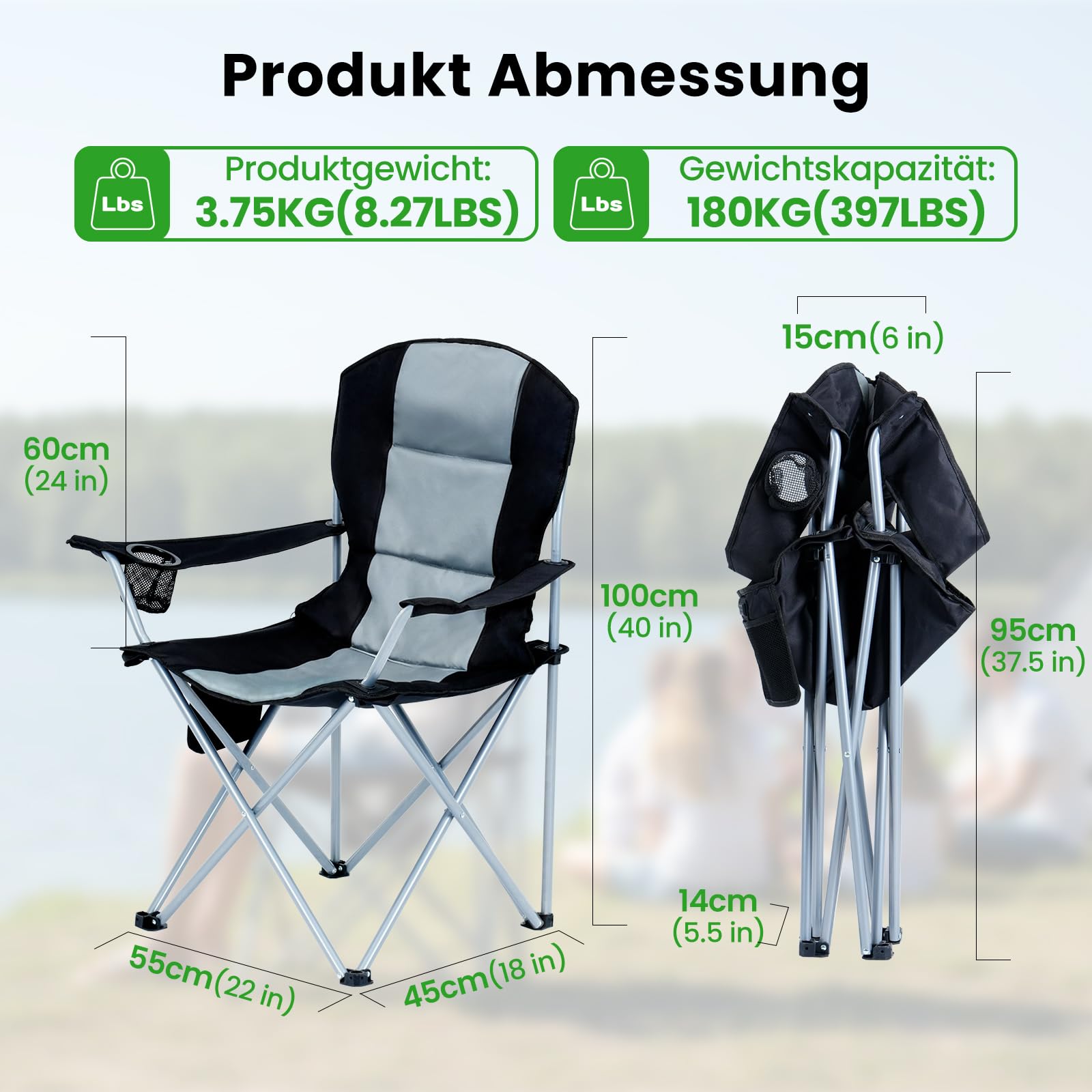 Silla de camping plegable con calefacción – 182 kg – 3 niveles de ajuste de temperatura, bolsillo lateral y soporte para bebidas, respaldo ergonómico – ideal para ver deportes (batería no incluida en