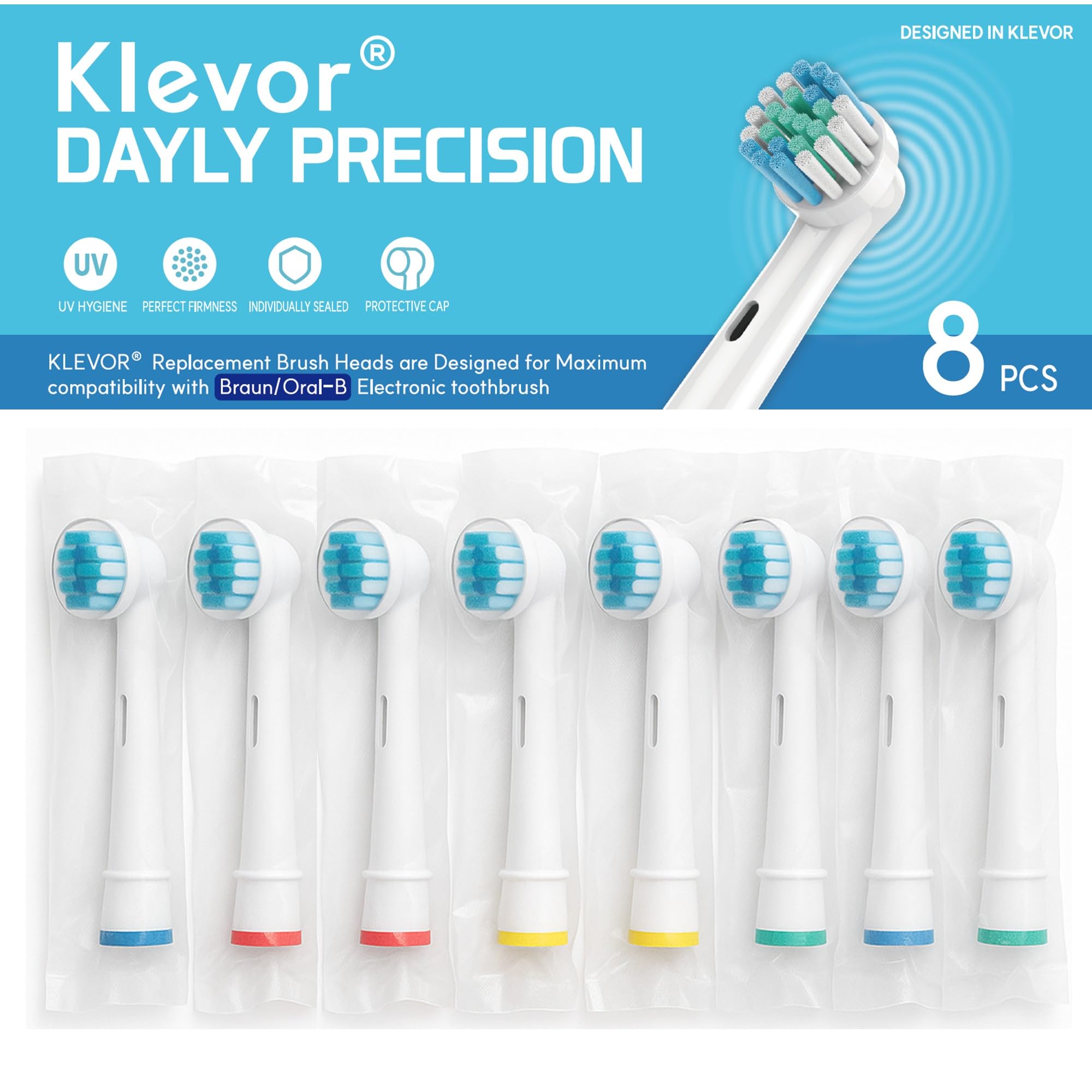 KLEVOR Replacement Toothbrush Heads for Oral B 8 Count Individually Wrapped Protective Travel Cap Compatible with Oral B