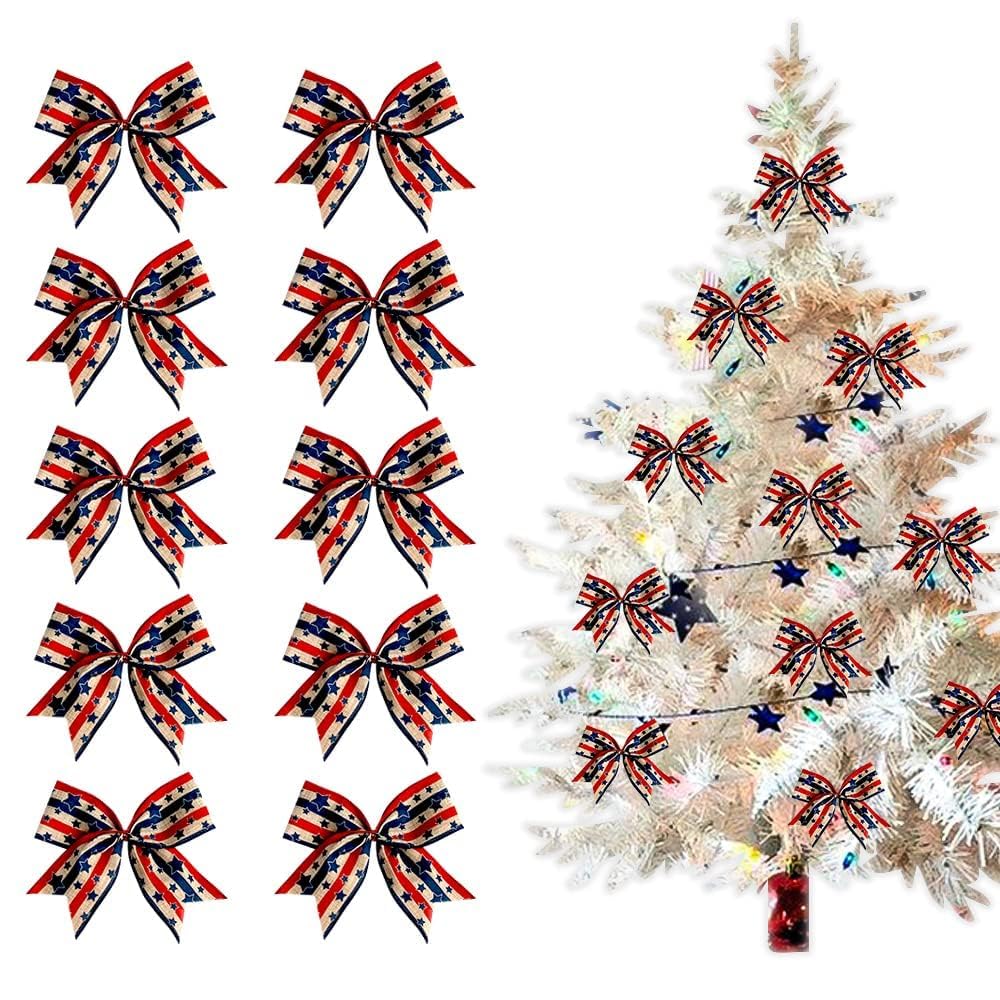Hying 10 Pieces 4th of July Bows for Wreath, Patriotic Wreath Bows Red Blue Natural Burlap Bows American Stars Craft Bows Memorial Day Decorations