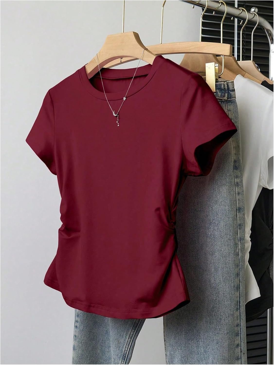 OYOANGLE Girl's 5 Pack Short Sleeve Ruched Tees Crew Neck Basic T Shirts Multicolor 15Y