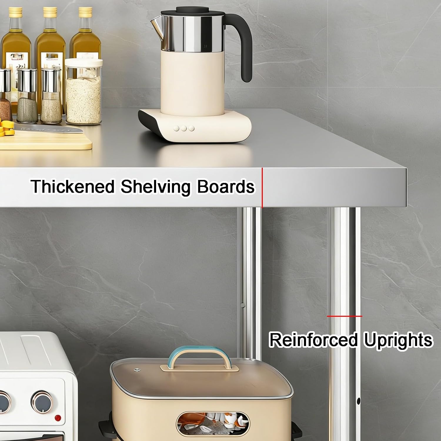 Double-Tier Stainless Steel Workbench, Six-Legged, Work Table for Home or Commercial Use, Water-Resistant, Brushed Finish, 80 Cm High, with Adjustable Feet, and Four Folded Edge Design