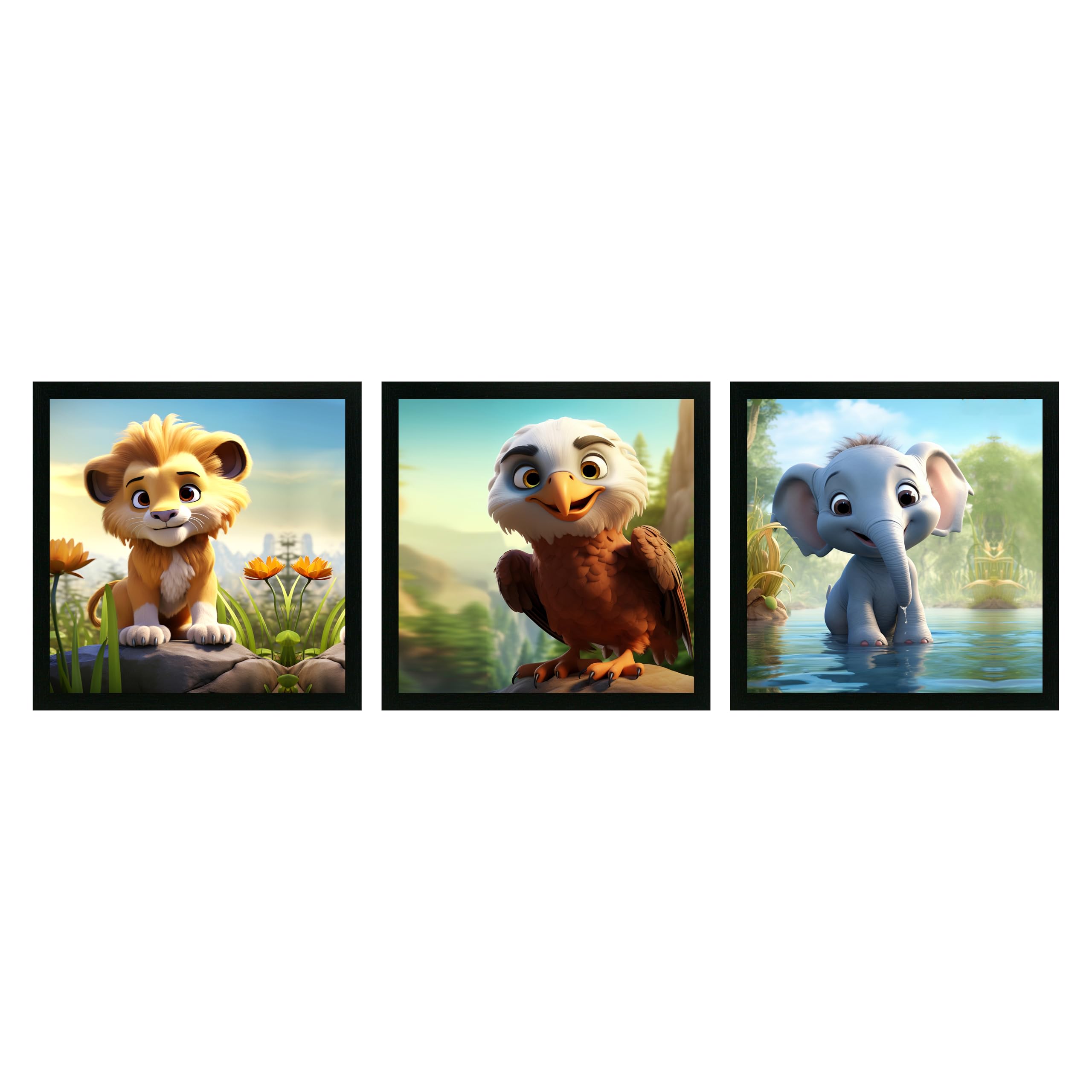 Printasta - 3D Animal Print Photo Frames for Kids Rooms - Frames for Kids Room Wall Decoration - Wall Frames for Office, School and Home, 9x9 Inch - Set of 3