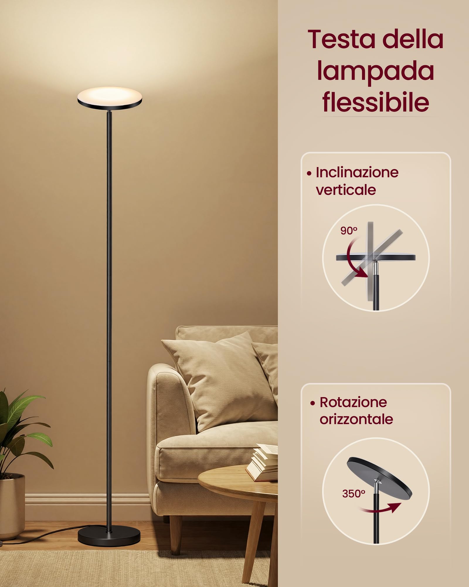 VASAGLE Lampada da Terra a LED, Piantana 30 W, Testa Orientabile, Camera da Letto Ufficio, Timer, Funzione Memoria, Comando Tramite Telecomando, Nero Opaco LFL018BD02
