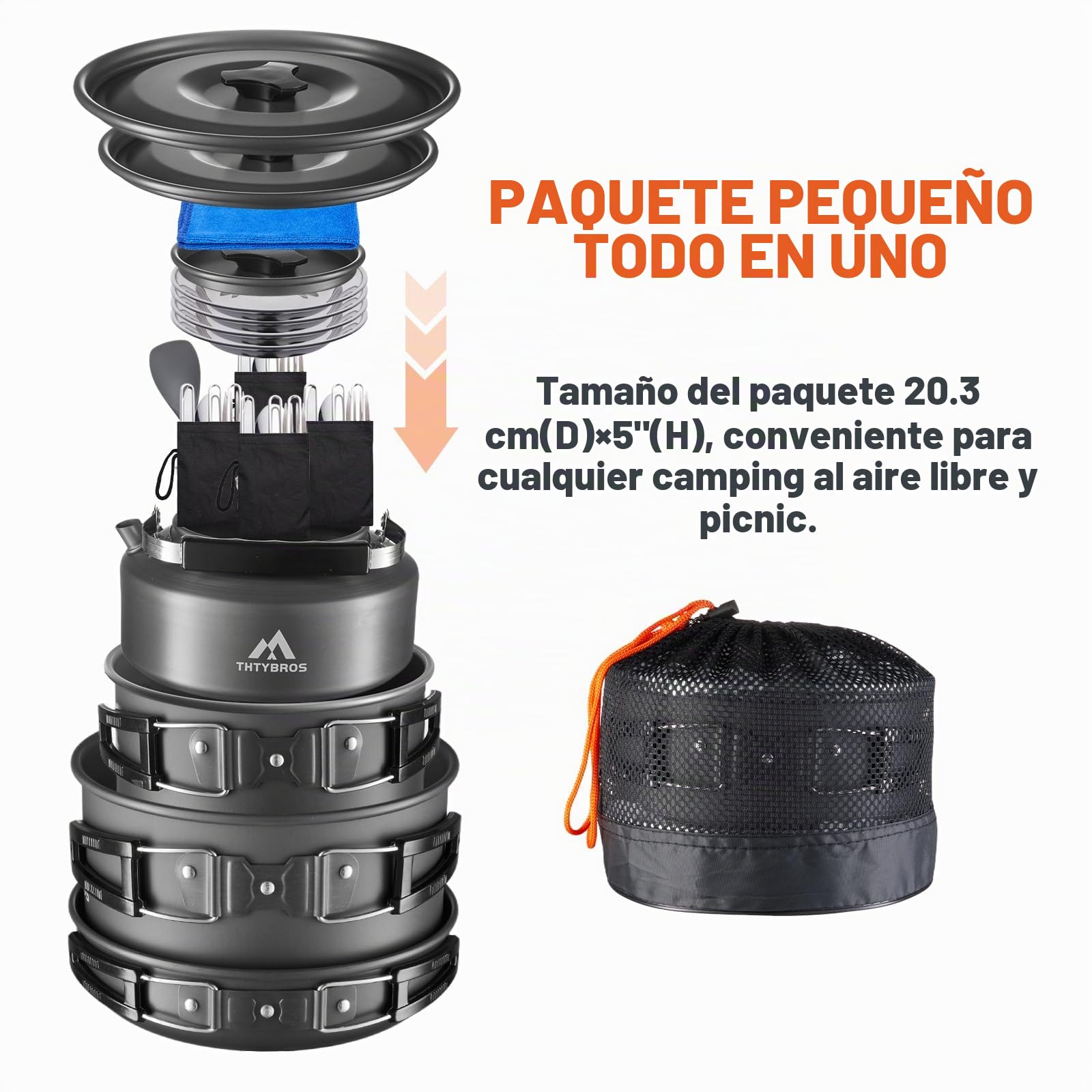 Juego de Cocina para Acampada THTYBROS, 27 Piezas – Set de Menaje de Acero Inoxidable con Cacerola, Sartén y Hervidor para 2-4 Personas, Ideal para Mochileros, Picnics y Aventuras al Aire Libre