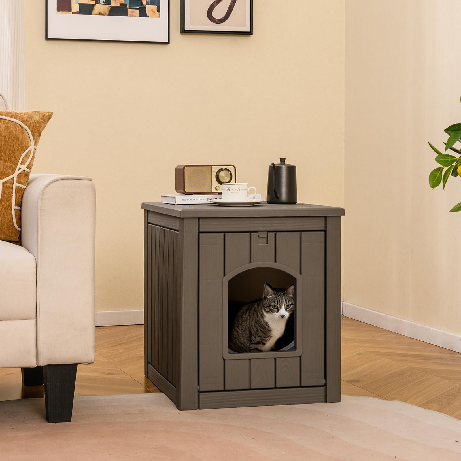 GOPLUS Katzenhaus Outdoor Winterfest, Katzenklo Schrank mit klappbarer Tür & Eingang, wetterfeste Katzenhütte aus PP für Indoor & Outdoor, Haustierhaus für kleine Katze, Hunde & Kaninchen (Grau)
