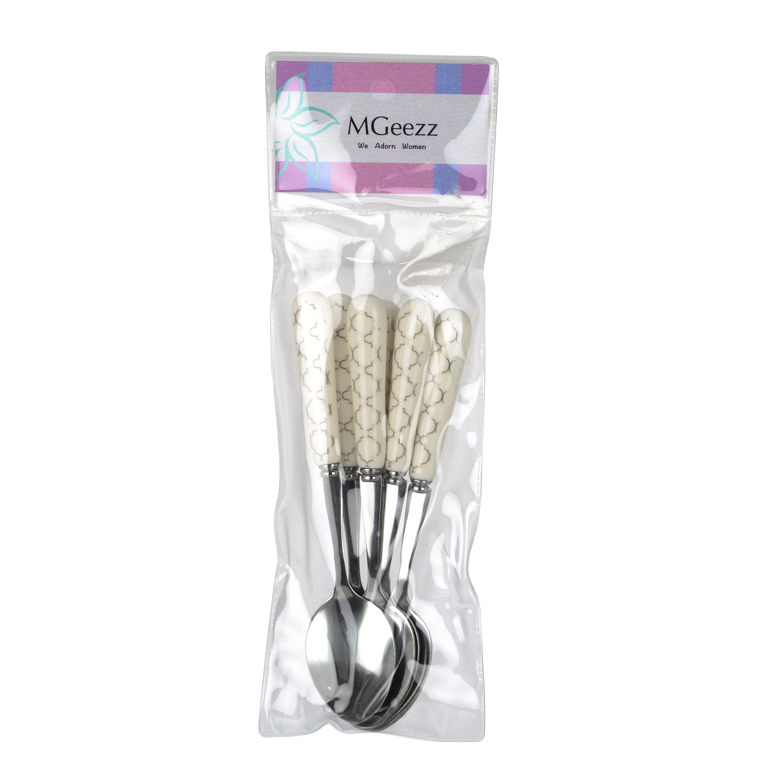MGeezz Stainless Steel Spoons Set for Home Kitchen & Restaurant Cutlery Dinner Table Bouillon Spoon Oval Edge with Ceramic Handle Tableware Serving Spoons (Small Spoon Set of 6) 3