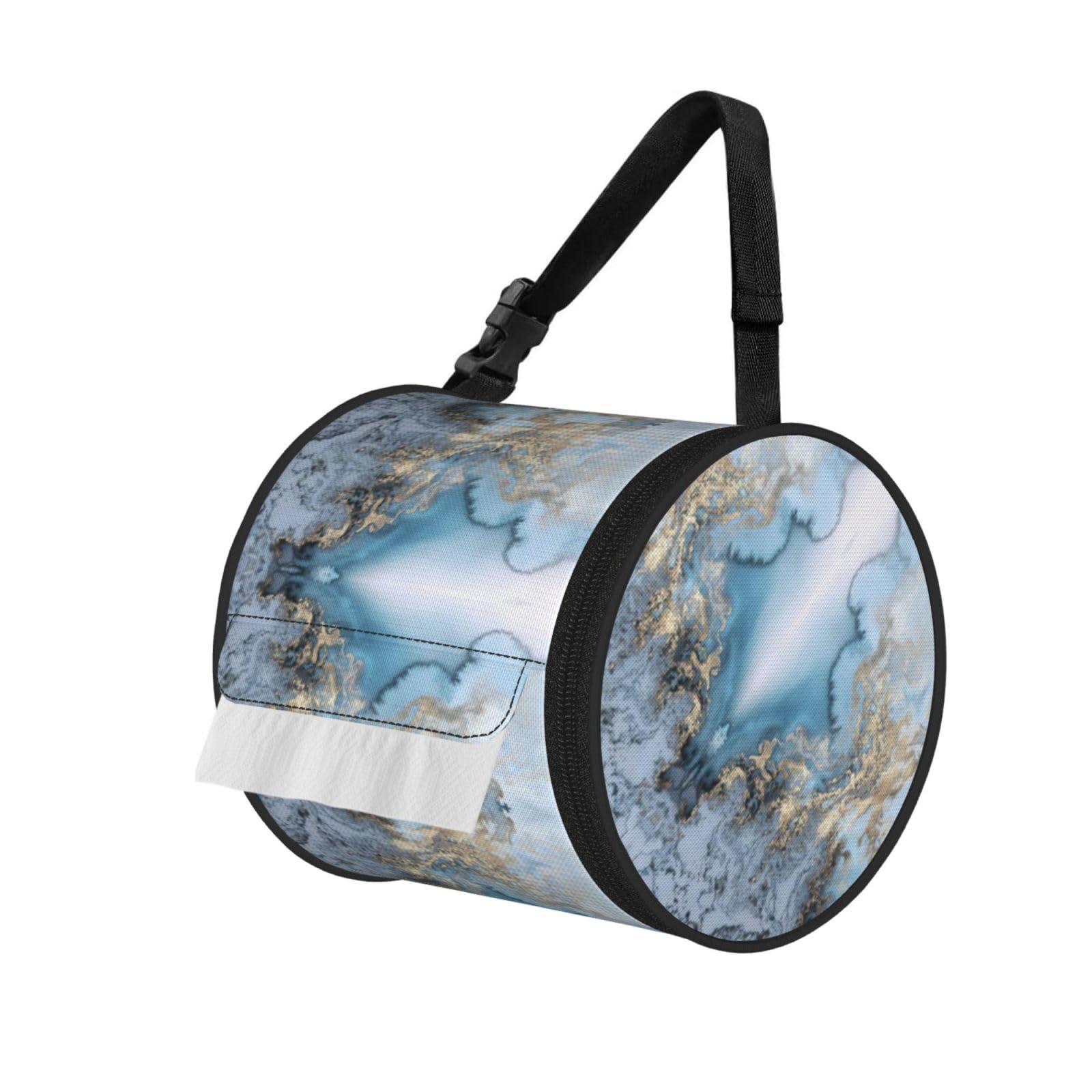 Jiuty Black Marble. Print Cylinder Tissue Organizer Bag With Strap, Portable Toilet Roll Holder For Camping Car