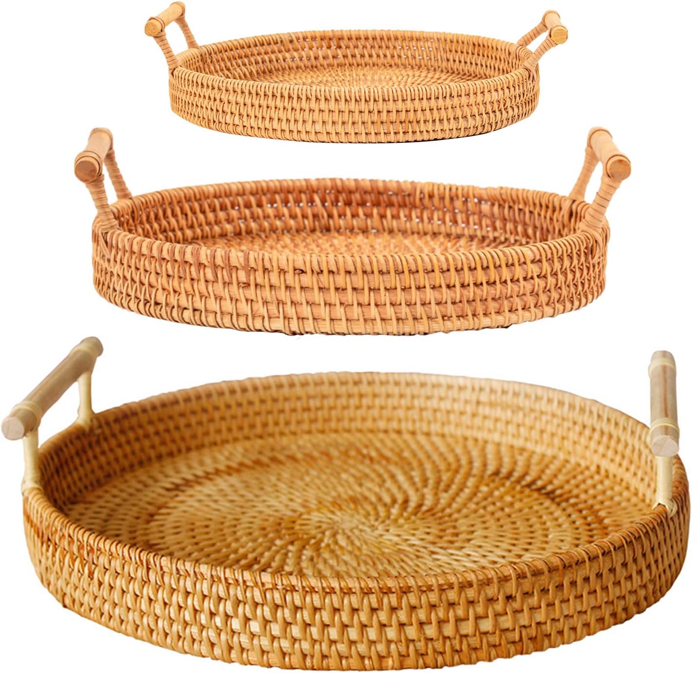 DULRLLY Rattan Bread Baskets Hand Woven Wicker Storage Baskets with Handles Round Tabletop Food Fruit Vegetables Serving Basket Decorative Trays for Kitchen Home Table Shelf Decor(S+M+L)