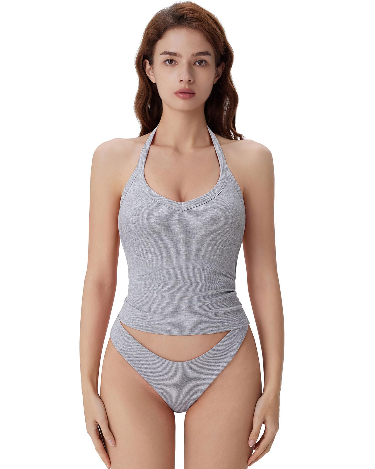 SUUKSESS Halter Tank Top for Women with Built in Bra Cotton Ribbed V Neck Cami