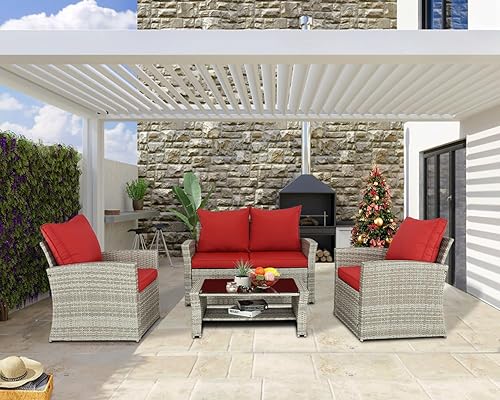 Furnimy Juego de muebles de patio de 4 piezas, sillas de ratán para exteriores, juego de muebles de conversación de mimbre para patio, mesa y sillas