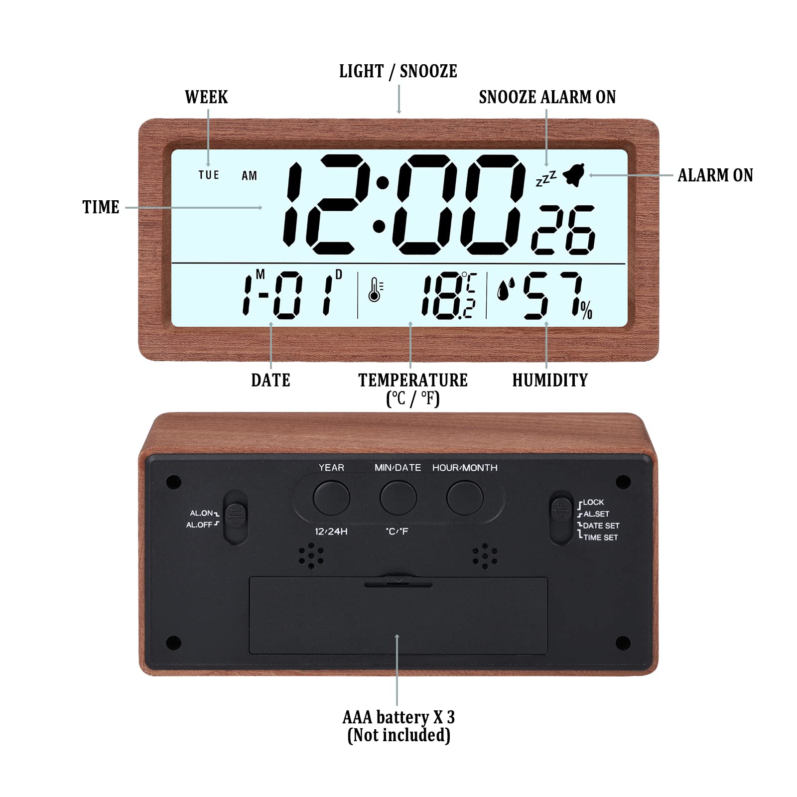 Ginezer - Sveglia digitale in legno, con ampio display a LED, con sensore intelligente, luce notturna, funzione snooze e temperatura, funzionamento a batteria, ufficio, comodino