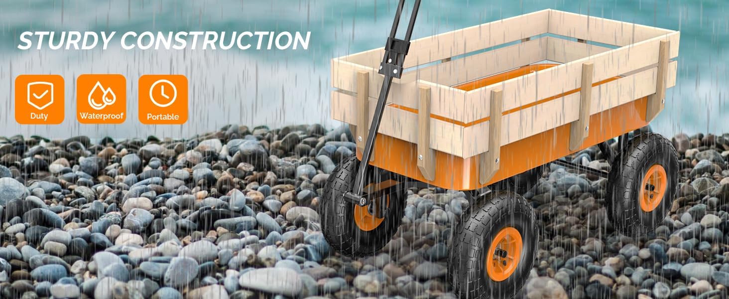 VINGLI Steel Garden Wagon Cart on Wheels, 330lb Load Capacity, Removable Heavy Duty Wooden Side Panels, with Extendable Handle and 10inch All-Terrain Tires, Wheelbarrow for Yard Landscaping (Orange)