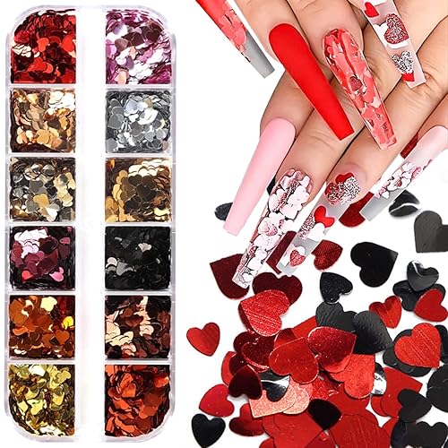 12 Grids 3D Heart Nail Glitter Sequins Valentines Nail Art