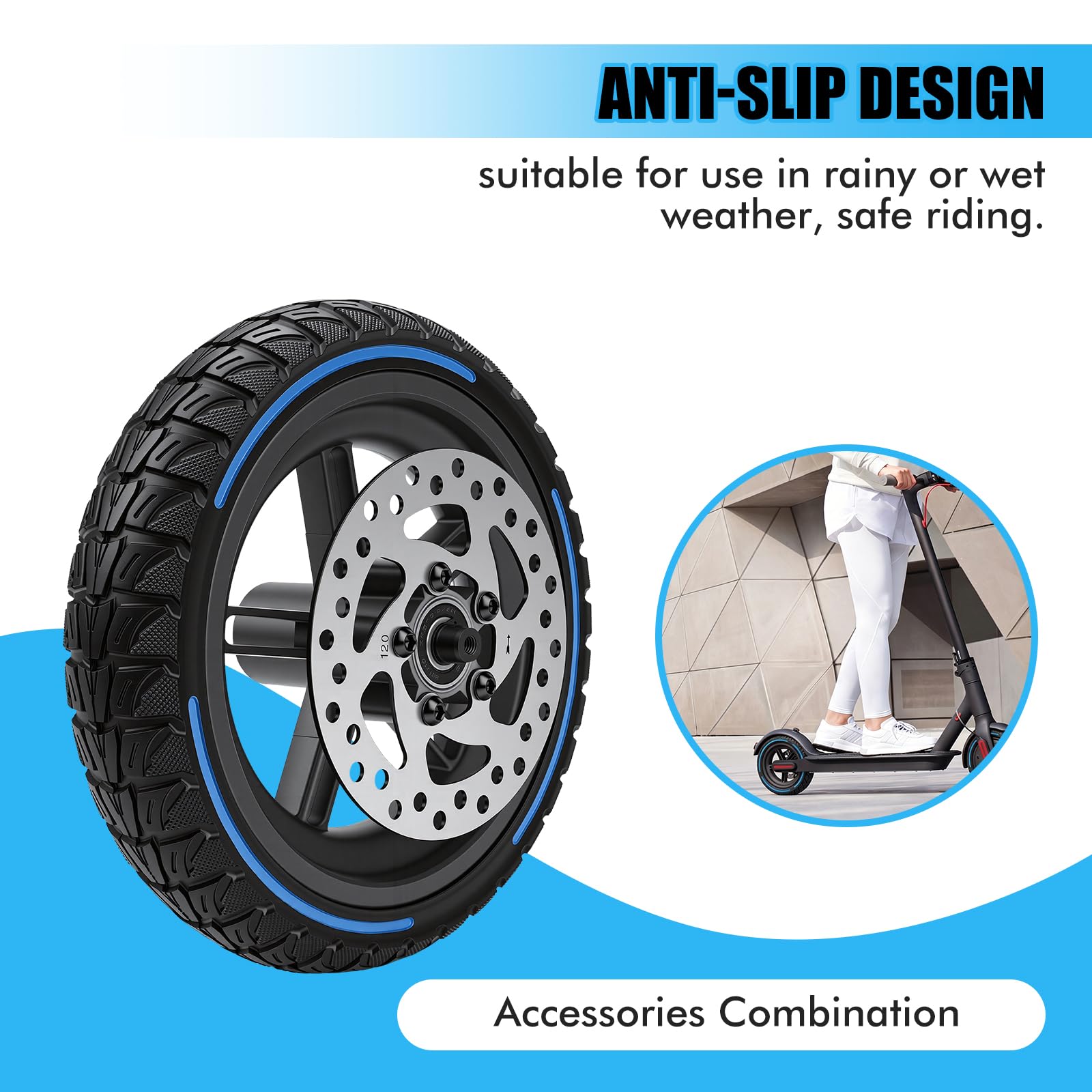 BuyWeek Roue arrière de trottinette électrique en caoutchouc plein avec frein à disque de 120 mm pour Xiaomi M365 PRO, anti-explosion, résistant à la pression, amortisseur de chocs