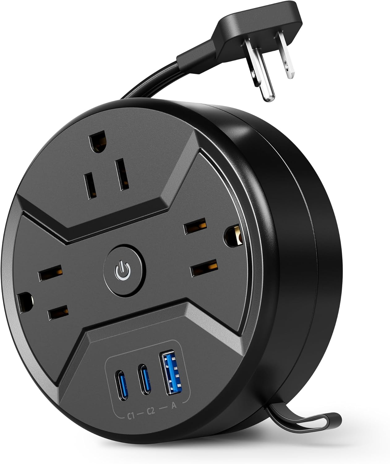 SUPERDANNY Travel Power Strip with 5ft Retractable Extension Cord Portable 3-AC & 3-USB 20W Fast Charging Station for Home Office, Business Travel, Trip, Cruise, No Surge Protector, Black