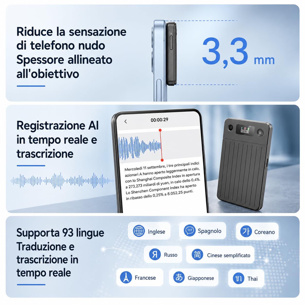 Volovivo Registratore Vocale Smart AI Con Trascrizione Traduzione e Riassunto 64GB Registratore Audio Magnetico Per Riunioni Lezioni e Interviste