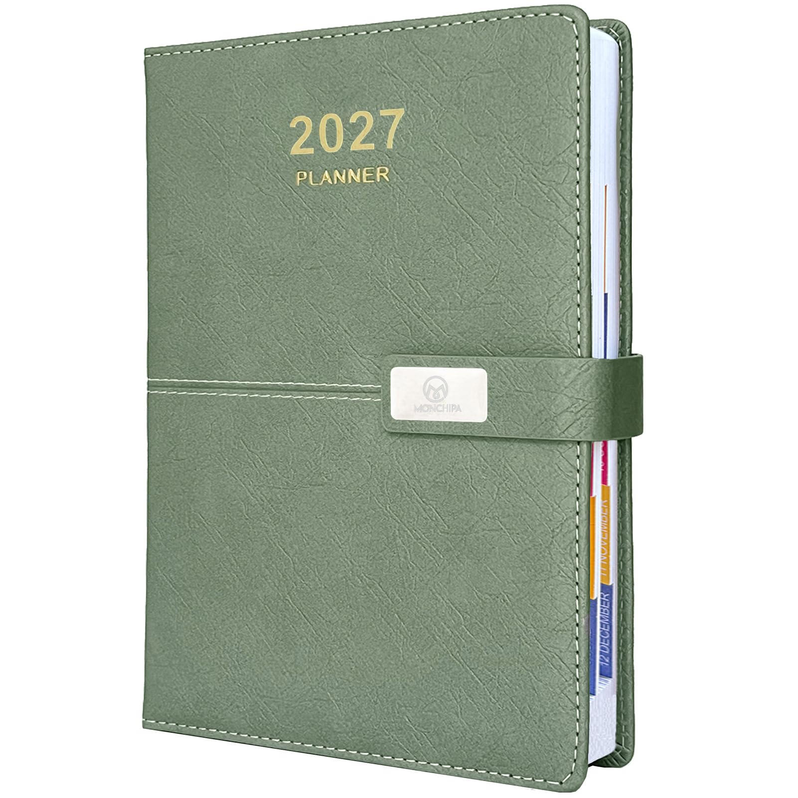 Agenda giornaliera 2027, una pagina al giorno, calendario giornaliero 2026 (gennaio-dicembre 2026), 14,5 x 21 cm, copertina in pelle + carta spessa (verde)