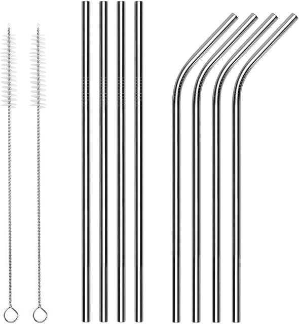 Vinsani 8.5" Silver Stainless Steel Drinking Straws, Reusable Metal Drinking Straws Set of 8 with 2 Cleaning Brush for Smoothie, Milkshake, Cocktail and Hot Drinks