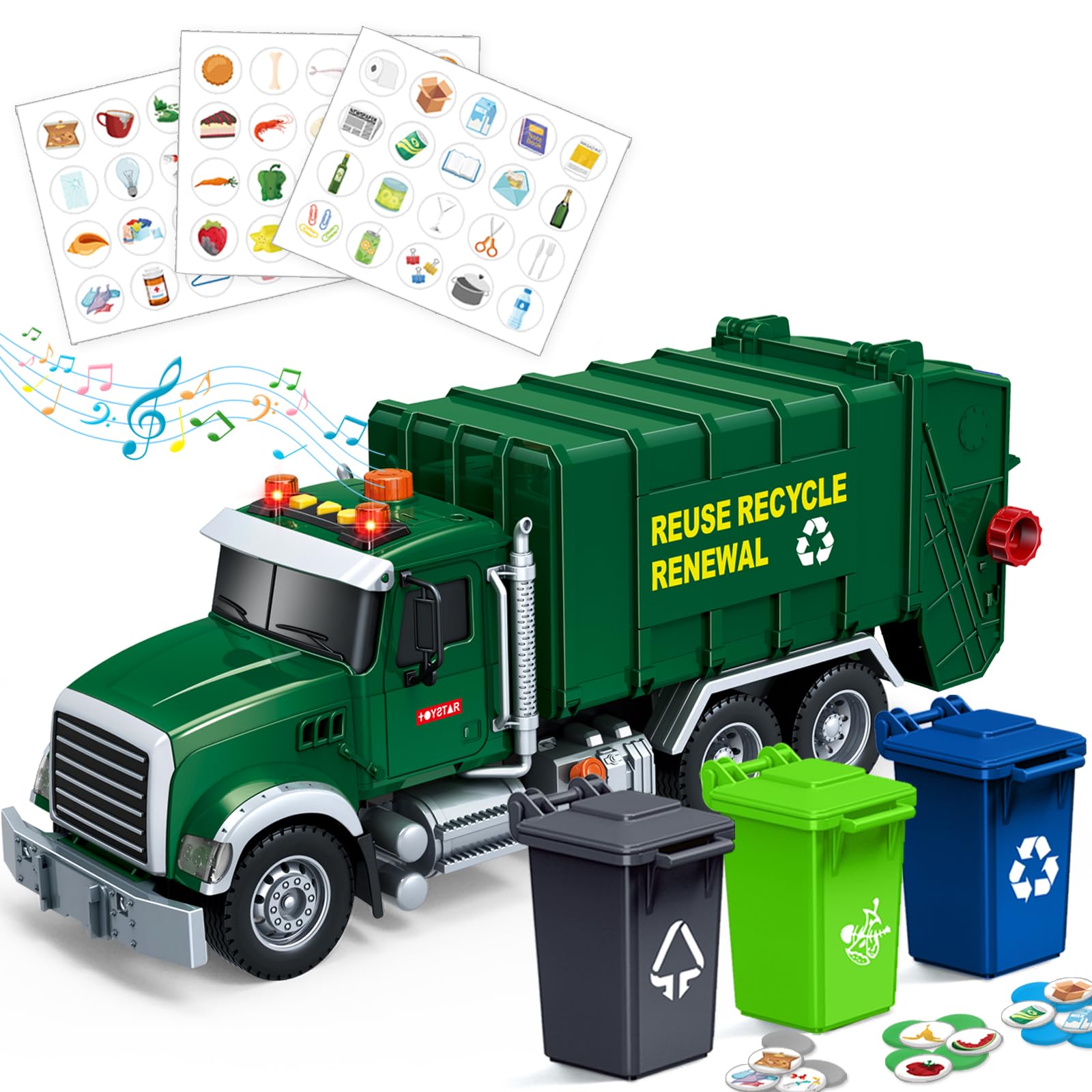 Kids Toys for 3 4 5 6 7 8 Years Old Boys, 15" Large Garbage Truck Toy, Friction Powered Garbage Recycling Truck with Lights and Sounds, 3 Trash Bins with Trash Cards, Birthday Gifts for Boys Girls