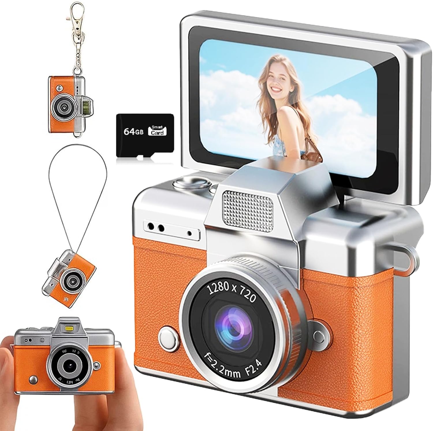 2026 New Mini Digital Camera with 1.47 in LCD Screen 1080P, Mini Keychain Retro Camera with 64GB Card - Flip Screen, Built-In Flash, Strap and Keychain - Ideal for Travel, Study, And Concerts (Orange)