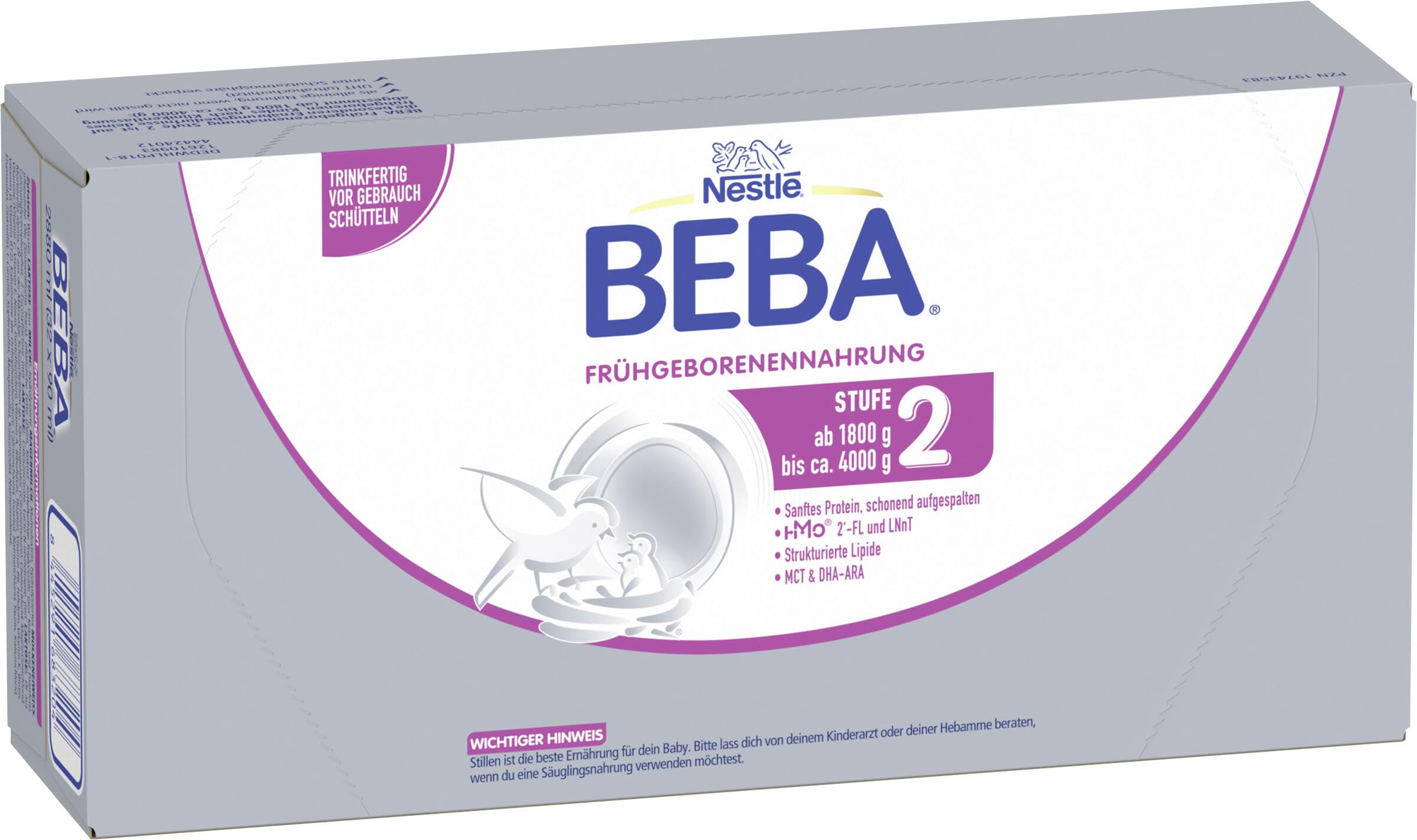 BEBA Frühgeborenennahrung Stufe 2, Spezialnahrung für Frühgeborene, trinkfertig, 32er Pack (32 x 90ml)