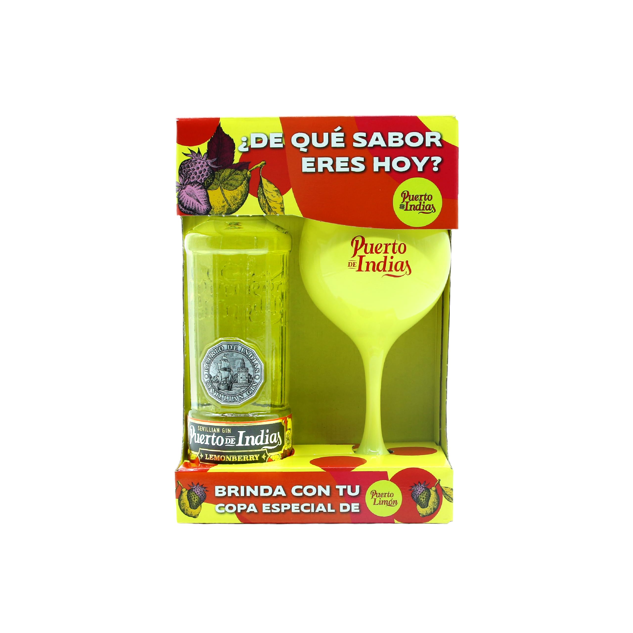 Puerto de Indias – Pack Ginebra de Limon Premium + Copa de Cristal Amarilla de Regalo – Pack Lemonberry Premium Gin – 70 cl – 37.5º