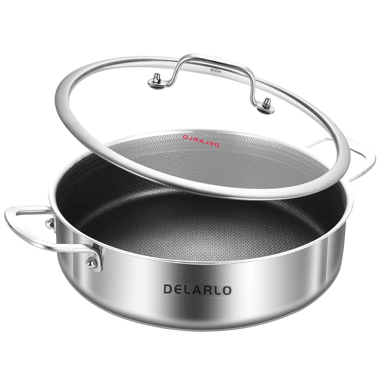 DELARLOTri-Ply Stainless Steel 7QT Saute Pan 12 Inch Deep Frying Pan with lid Nonstick, Induction Compatible Chef Cooking Pan