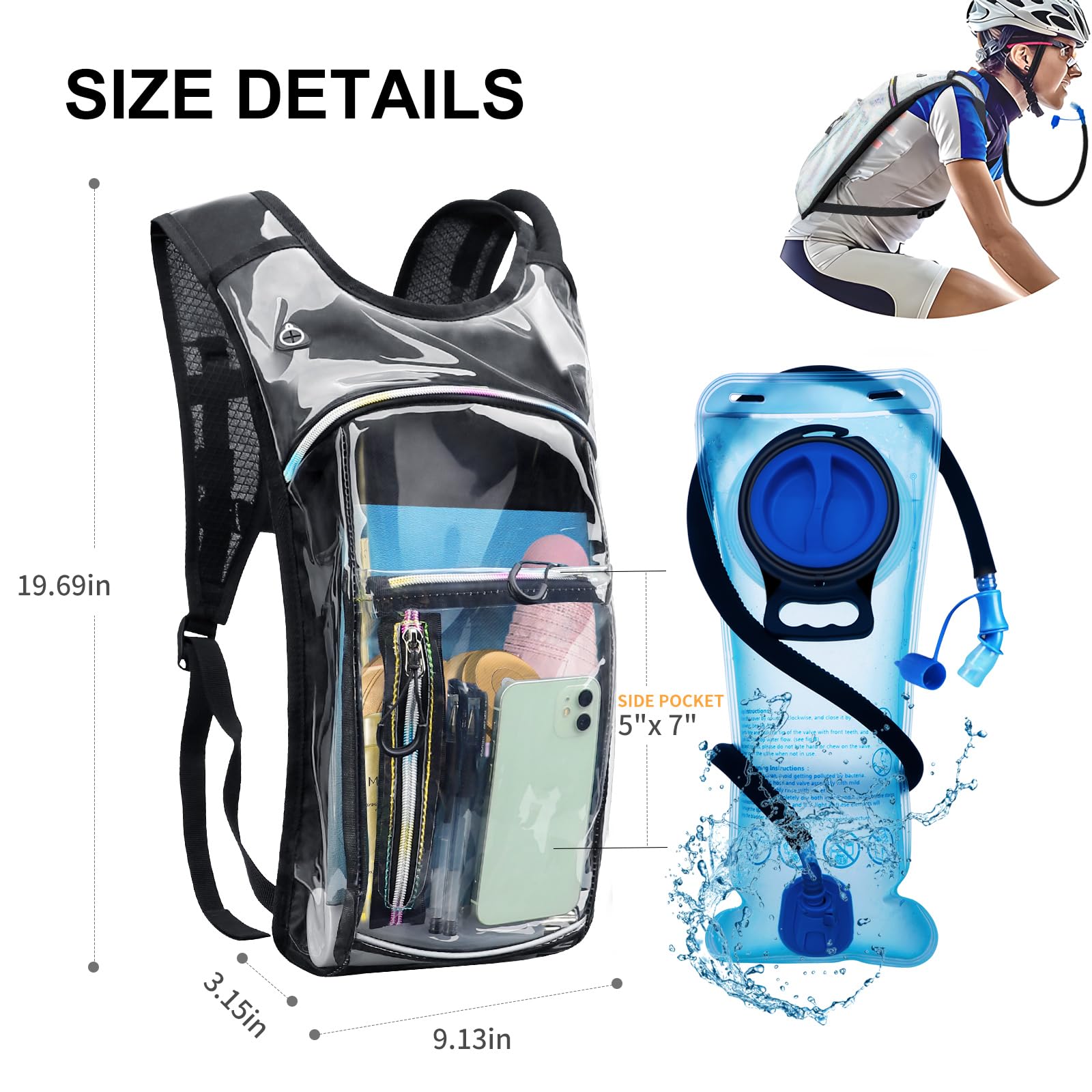 Mochila de hidratación, mochila de agua con bolsa de hidratación de 2 L, mochila de agua rave, mochila de hidratación de aislamiento ligero para senderismo, correr, ciclismo, equipo de