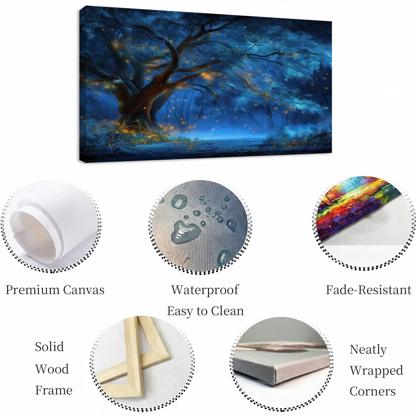 Obraz ścienny Fantasy las obraz na płótnie - płótno ścienne 120 x 60 cm, druk na płótnie ze świetlikami, roślinami, drzewami, oprawiona sztuka ścienna do salonu i sypialni, dekoracja ścienna