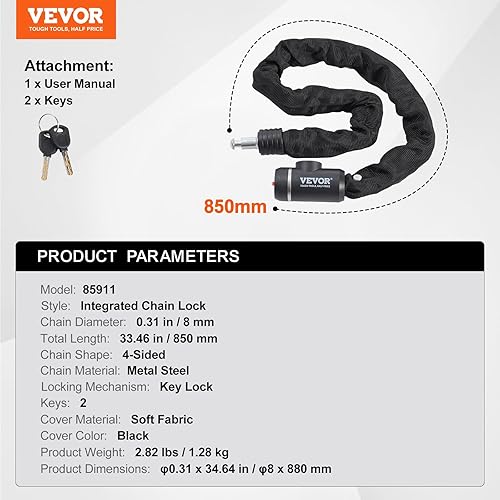 Miniatura 7 de VEVOR Cadena antirrobo de 2.79 pies de alta resistencia, 0.315 in, negro, cerradura de combinación, resistente a cortes, ideal para bicicletas,