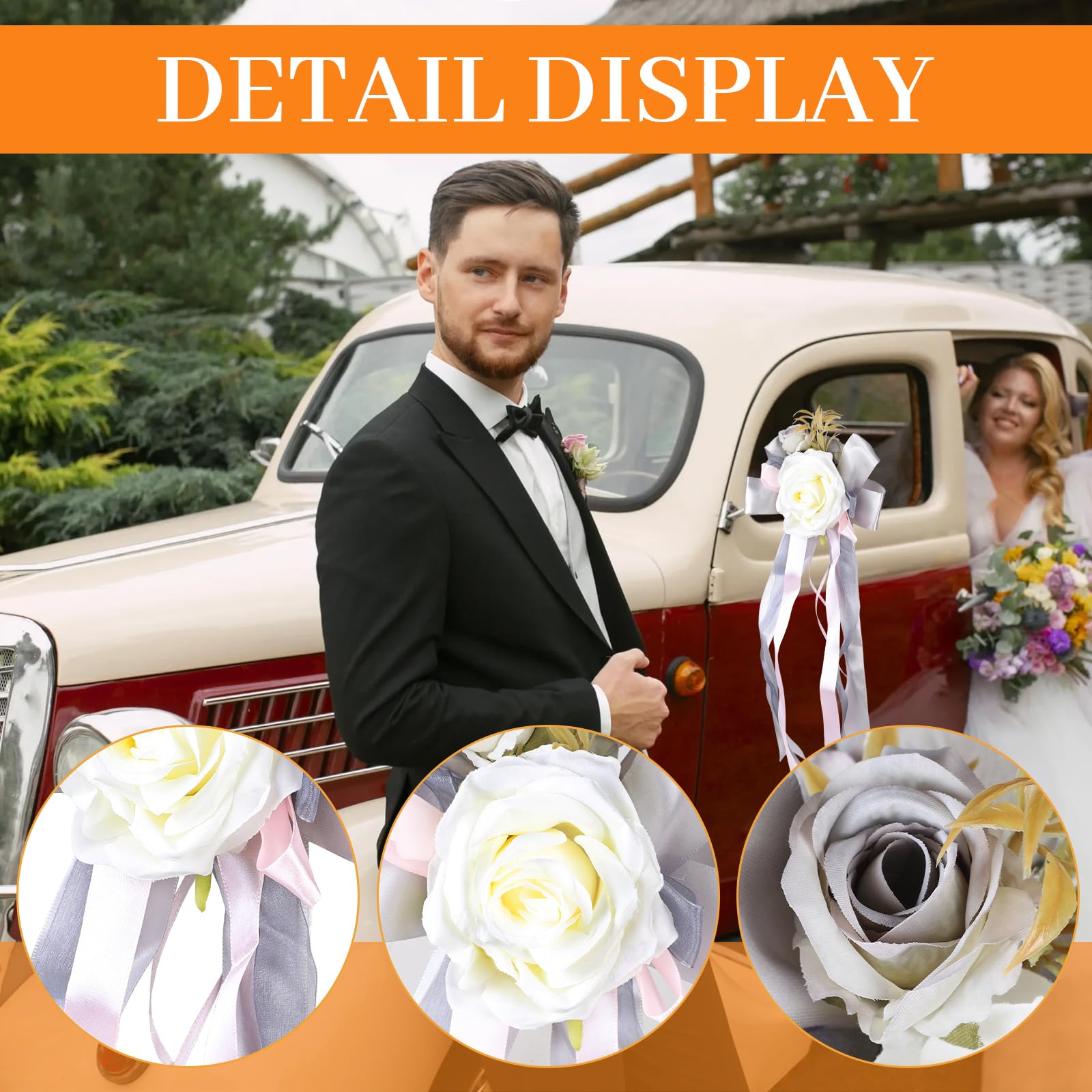 DBREAKS 4 Piezas de decoración para Coches de Boda, Floral para manillas de Puertas de Coches, Rosa Blanca Artificial con ventosas, para retrovisores