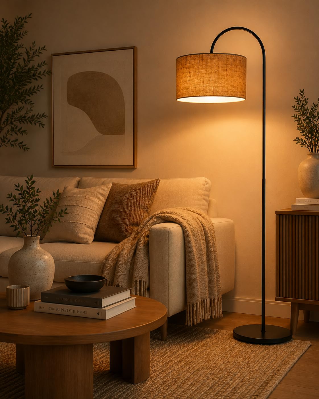 Floor Lamp for Living Room & Bedroom | 60" Tall Arc Standing Lamp with Jute Shade | Corner Reading Lamp | Modern Home Decor Light | Matte Black Metal Base-picture-26